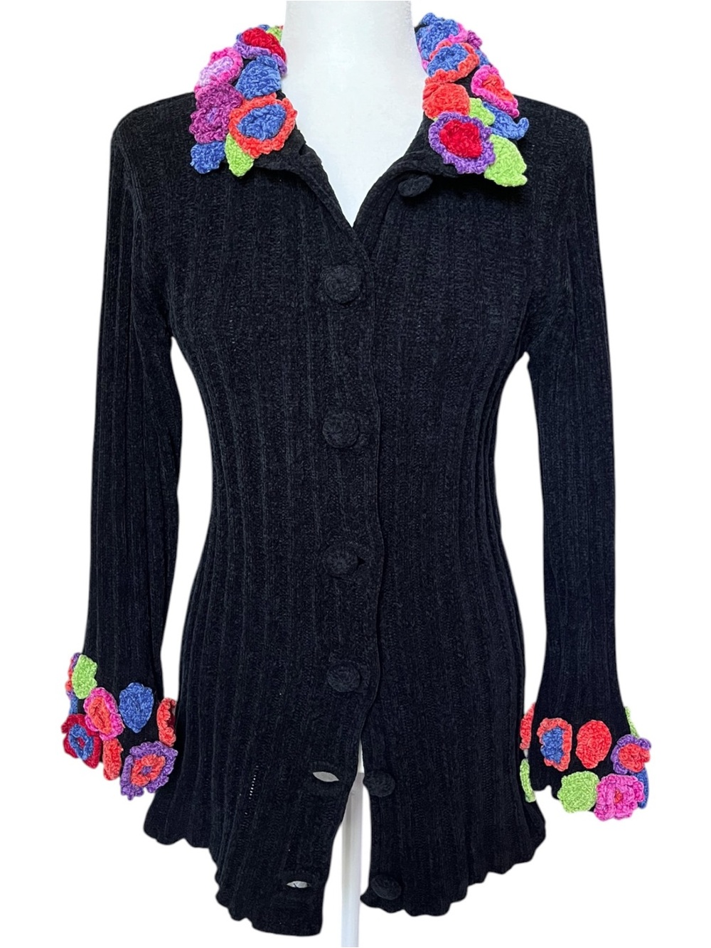 UNIF Rainbow Floral Crochet Black Long Chunky Cardigan Sweater Size Small